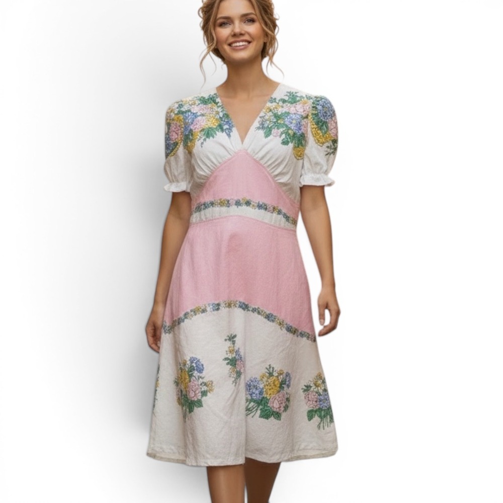 Vintage Floral Midi Dress Pink White Cottagecore Puff Sleeve V-Neck A-Line Sz 8